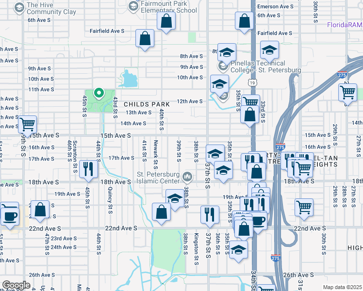 map of restaurants, bars, coffee shops, grocery stores, and more near 1542 39th Street South in St. Petersburg