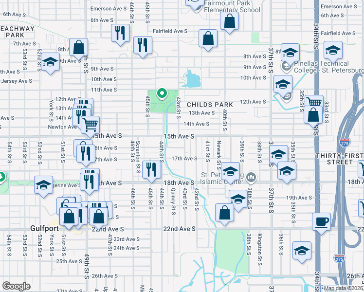 map of restaurants, bars, coffee shops, grocery stores, and more near 4338 16th Avenue South in St. Petersburg