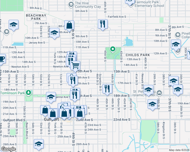 map of restaurants, bars, coffee shops, grocery stores, and more near 4636 16th Avenue South in St. Petersburg