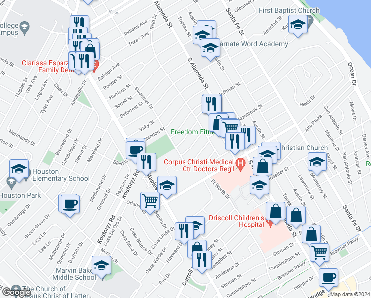 map of restaurants, bars, coffee shops, grocery stores, and more near 646 Robinson Street in Corpus Christi