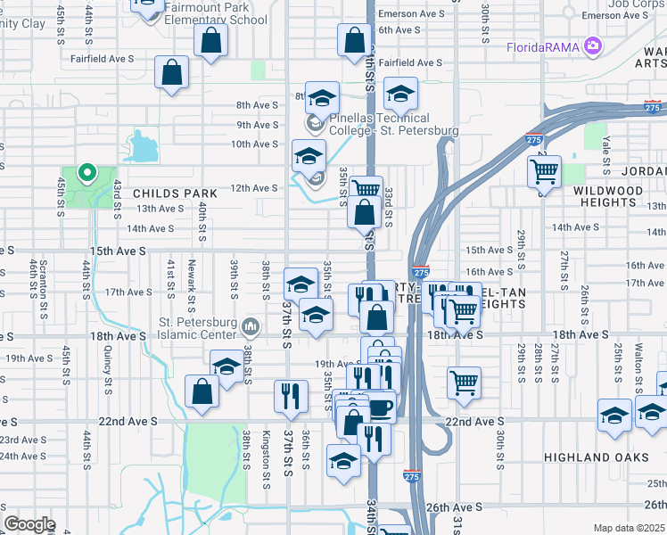 map of restaurants, bars, coffee shops, grocery stores, and more near 3500 16th Avenue South in St. Petersburg