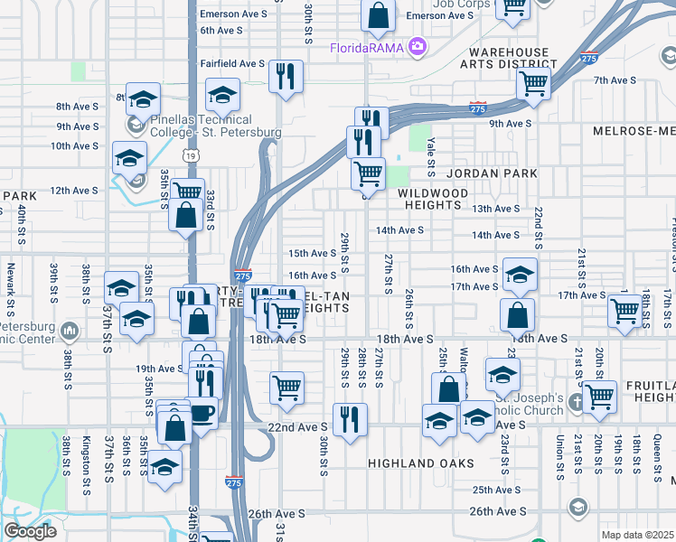 map of restaurants, bars, coffee shops, grocery stores, and more near 2911 16th Avenue South in St. Petersburg