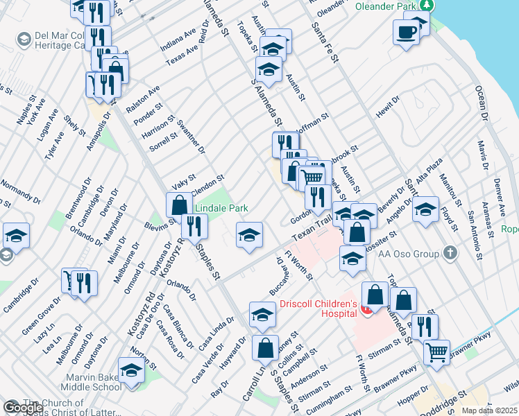 map of restaurants, bars, coffee shops, grocery stores, and more near 633 Robinson Street in Corpus Christi