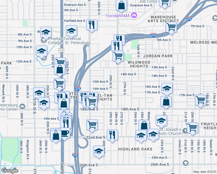map of restaurants, bars, coffee shops, grocery stores, and more near 2911 16th Avenue South in St. Petersburg