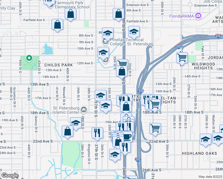 map of restaurants, bars, coffee shops, grocery stores, and more near 3500 16th Avenue South in St. Petersburg