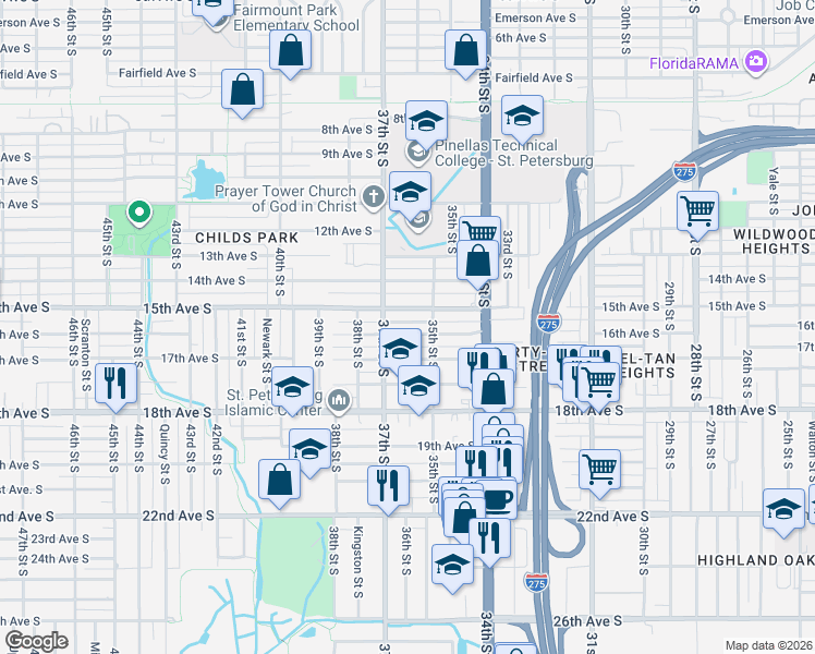 map of restaurants, bars, coffee shops, grocery stores, and more near 3638 16th Avenue South in St. Petersburg