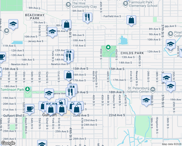 map of restaurants, bars, coffee shops, grocery stores, and more near 4636 16th Avenue South in St. Petersburg