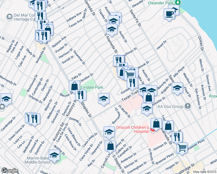 map of restaurants, bars, coffee shops, grocery stores, and more near 641 Robinson Street in Corpus Christi