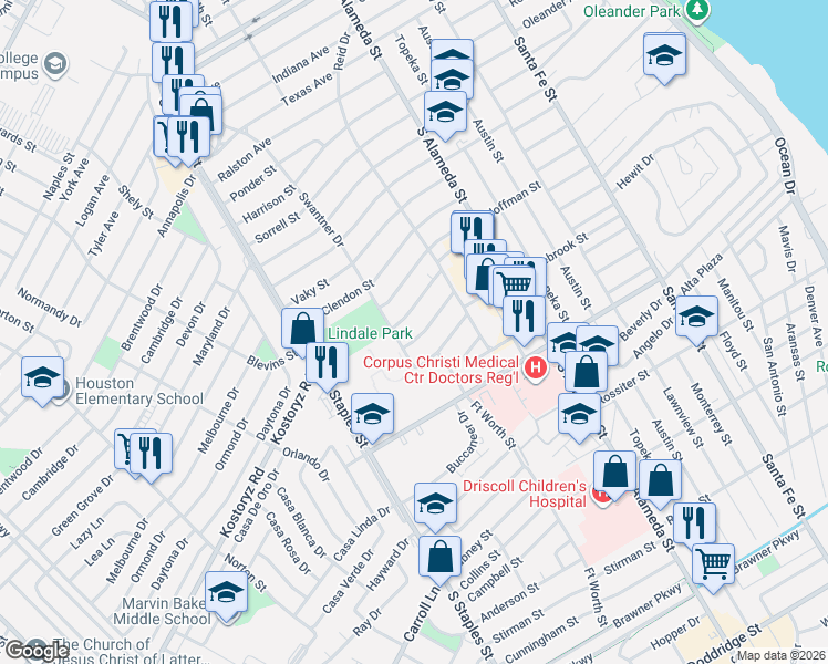 map of restaurants, bars, coffee shops, grocery stores, and more near 641 Robinson Street in Corpus Christi