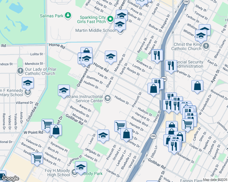 map of restaurants, bars, coffee shops, grocery stores, and more near 1822 Hudson Street in Corpus Christi