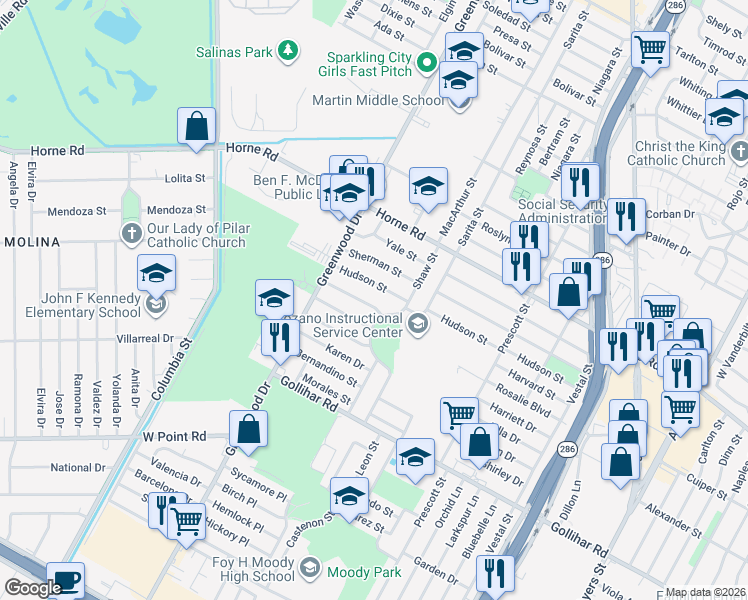 map of restaurants, bars, coffee shops, grocery stores, and more near 4241 Shaw Street in Corpus Christi