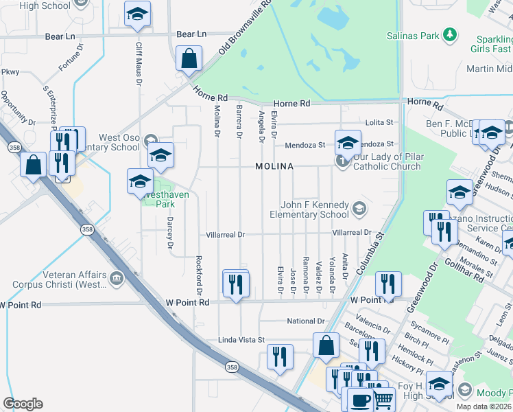 map of restaurants, bars, coffee shops, grocery stores, and more near 4409 Angela Drive in Corpus Christi
