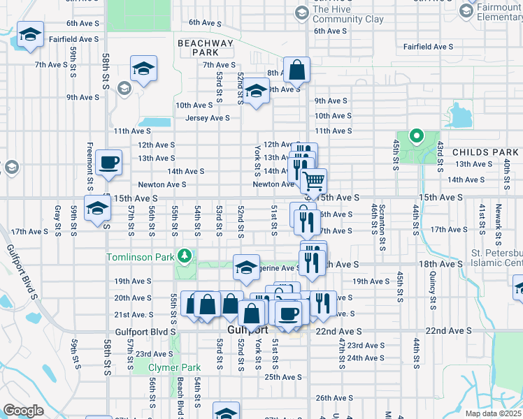 map of restaurants, bars, coffee shops, grocery stores, and more near 5117 Preston Avenue South in Gulfport