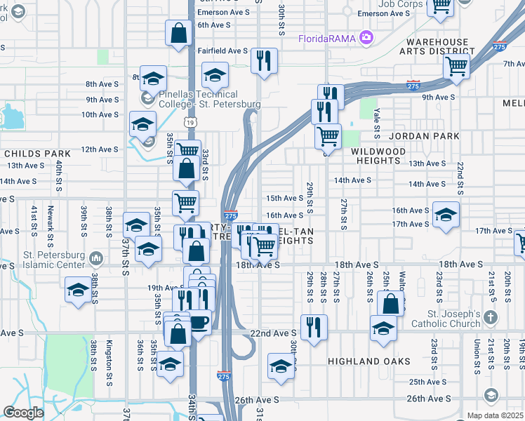 map of restaurants, bars, coffee shops, grocery stores, and more near 1590 31st Street South in Saint Petersburg