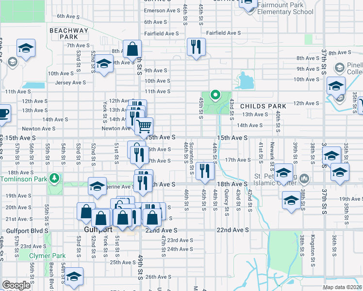 map of restaurants, bars, coffee shops, grocery stores, and more near 4636 16th Avenue South in St. Petersburg