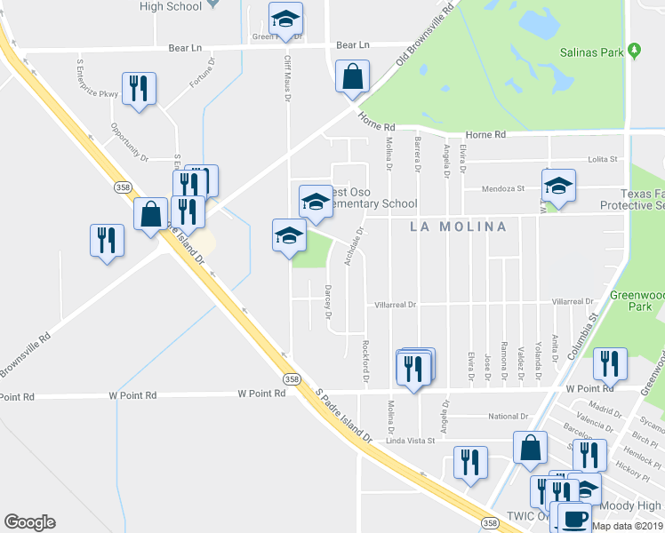 map of restaurants, bars, coffee shops, grocery stores, and more near 1726 Darcey Drive in Corpus Christi