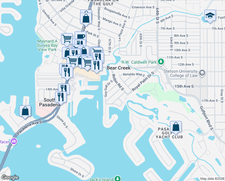 map of restaurants, bars, coffee shops, grocery stores, and more near 6709 Cardinal Drive South in St. Petersburg