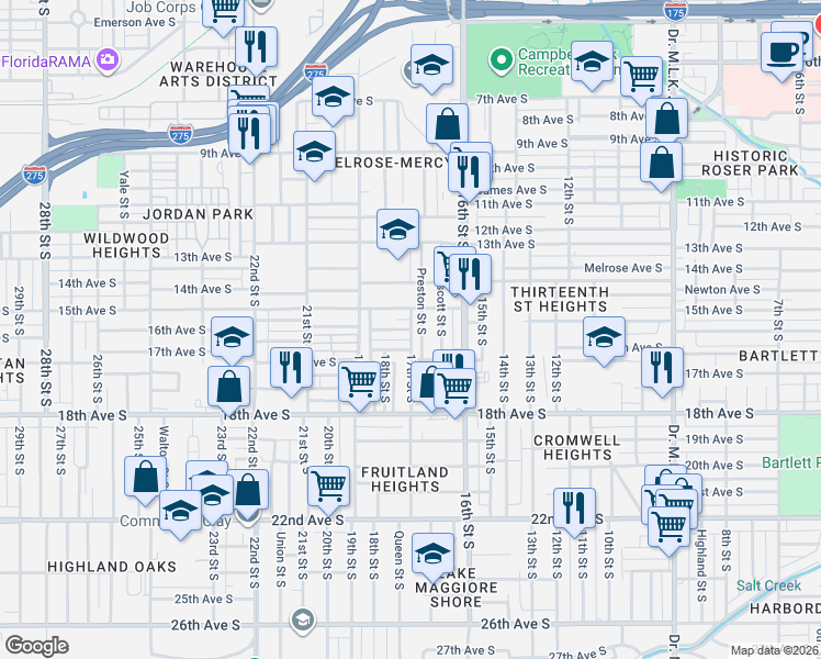 map of restaurants, bars, coffee shops, grocery stores, and more near 1725 Patton Avenue South in St. Petersburg