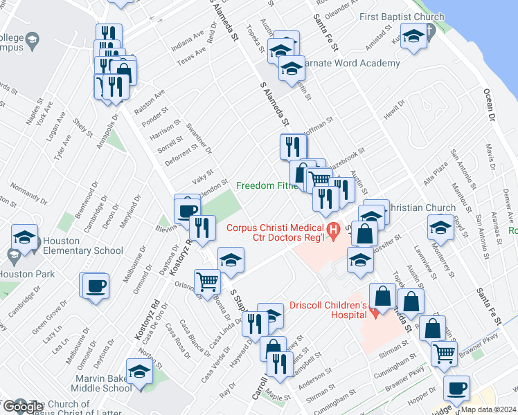 map of restaurants, bars, coffee shops, grocery stores, and more near 641 Robinson Street in Corpus Christi