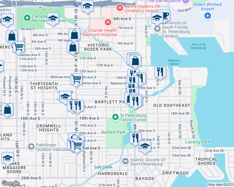 map of restaurants, bars, coffee shops, grocery stores, and more near 629 Paris Avenue South in St. Petersburg