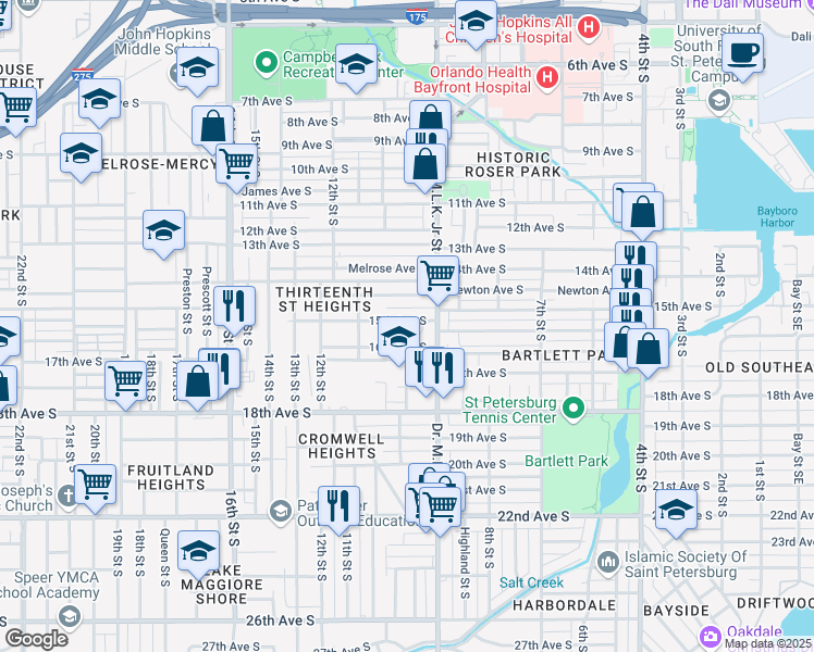 map of restaurants, bars, coffee shops, grocery stores, and more near 1035 16th Avenue South in St. Petersburg