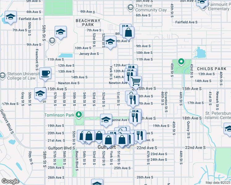 map of restaurants, bars, coffee shops, grocery stores, and more near 5117 Preston Avenue South in Gulfport