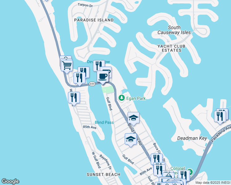 map of restaurants, bars, coffee shops, grocery stores, and more near 9178 Blind Pass Road in St. Pete Beach
