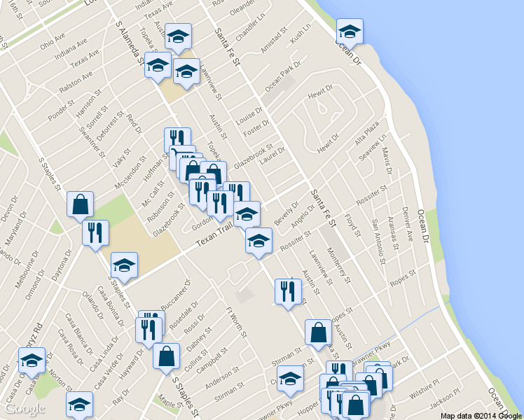 map of restaurants, bars, coffee shops, grocery stores, and more near 3302 South Alameda Street in Corpus Christi
