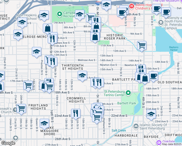 map of restaurants, bars, coffee shops, grocery stores, and more near 1035 16th Avenue South in St. Petersburg