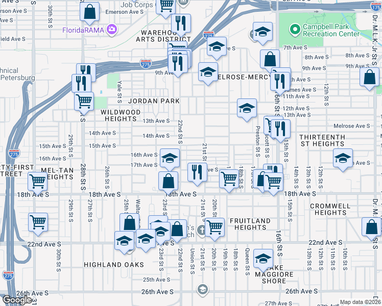 map of restaurants, bars, coffee shops, grocery stores, and more near 2160 Oakley Ave S in St Petersburg