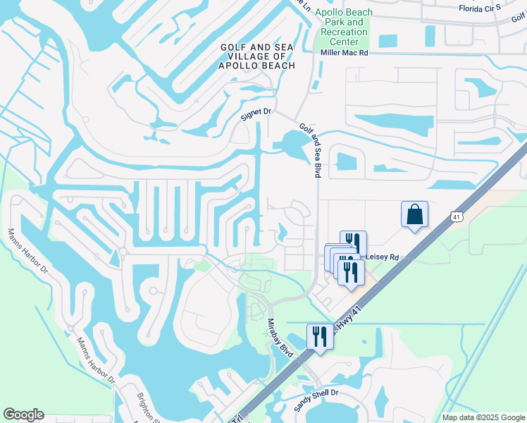 map of restaurants, bars, coffee shops, grocery stores, and more near 5702 Tides Place in Apollo Beach