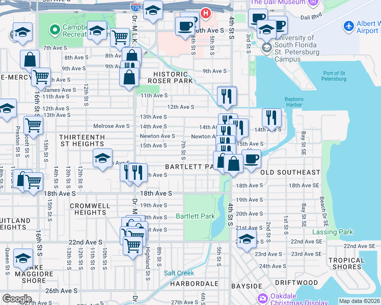 map of restaurants, bars, coffee shops, grocery stores, and more near 1621 7th Street South in St. Petersburg