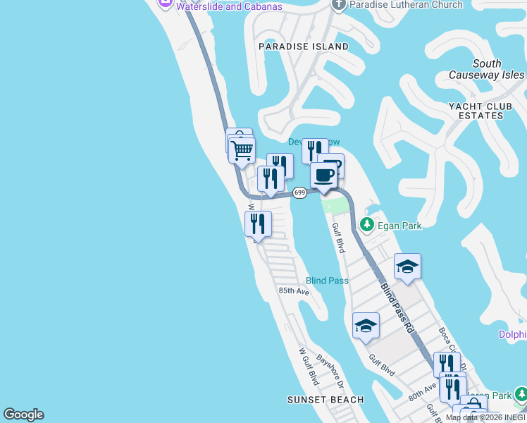 map of restaurants, bars, coffee shops, grocery stores, and more near 9201 Gulf Boulevard in St. Pete Beach