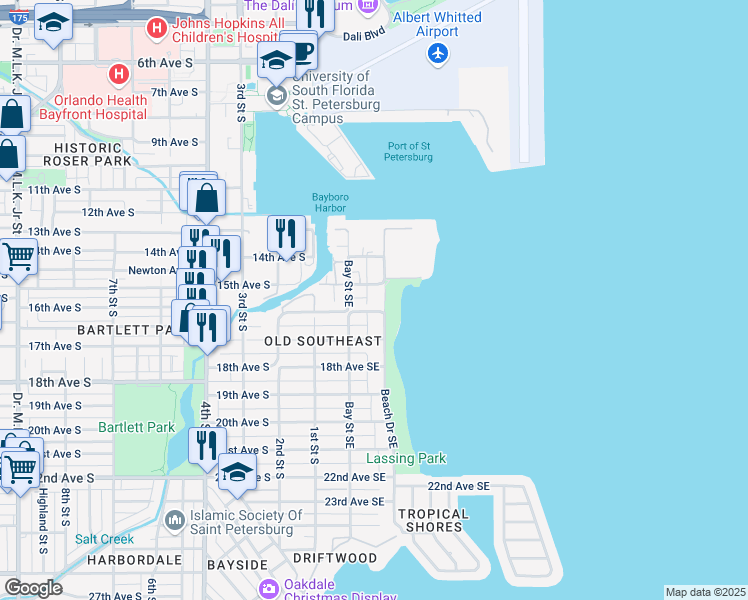 map of restaurants, bars, coffee shops, grocery stores, and more near 216 16th Avenue South in St. Petersburg