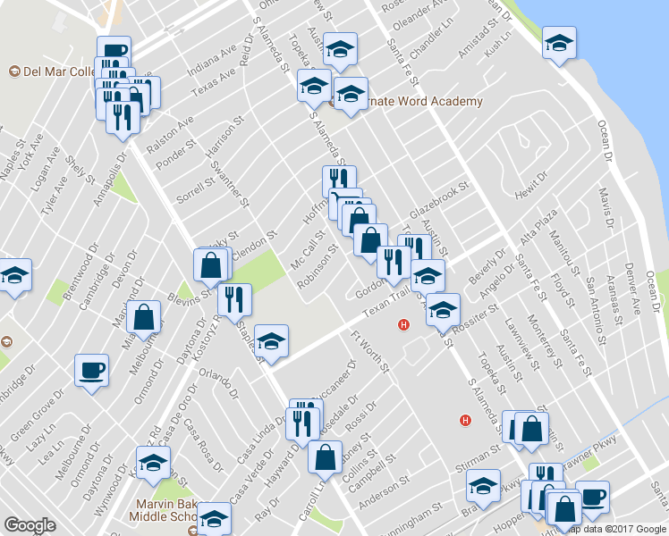 map of restaurants, bars, coffee shops, grocery stores, and more near 621 Glazebrook Street in Corpus Christi