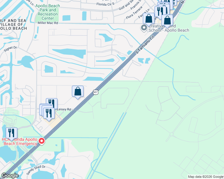 map of restaurants, bars, coffee shops, grocery stores, and more near 219 Mangrove Shade Circle in Apollo Beach