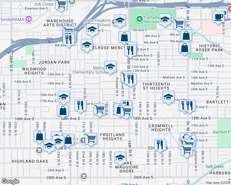 map of restaurants, bars, coffee shops, grocery stores, and more near 1625 Prescott Street South in St. Petersburg