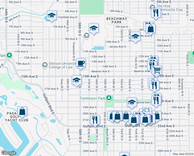 map of restaurants, bars, coffee shops, grocery stores, and more near 5614 Newton Avenue South in Gulfport
