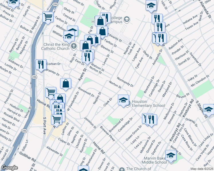 map of restaurants, bars, coffee shops, grocery stores, and more near 202 Norton Street in Corpus Christi