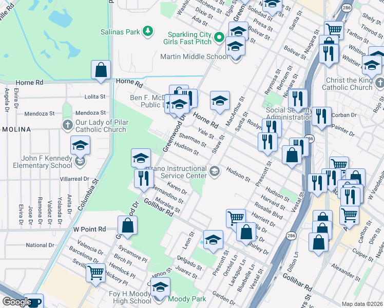 map of restaurants, bars, coffee shops, grocery stores, and more near 1709 Sherman Street in Corpus Christi