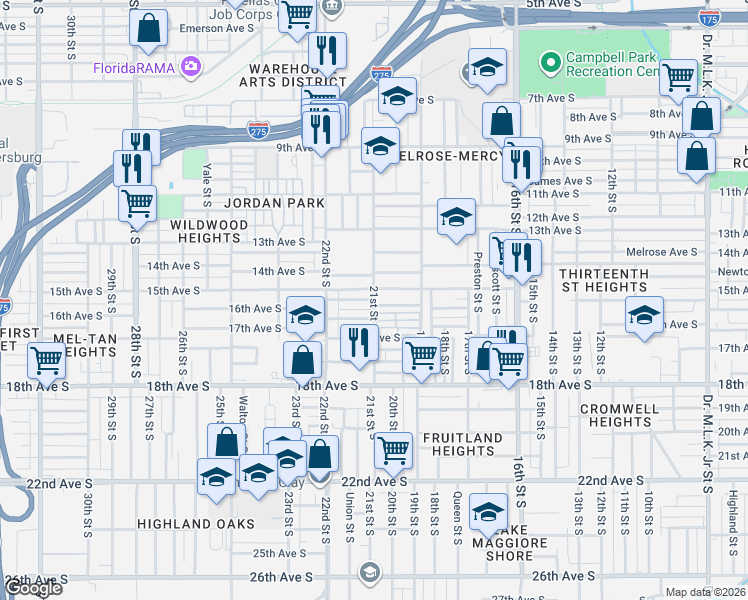 map of restaurants, bars, coffee shops, grocery stores, and more near 1550 21st Street South in St. Petersburg