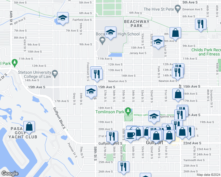 map of restaurants, bars, coffee shops, grocery stores, and more near 5610 15th Avenue South in Gulfport