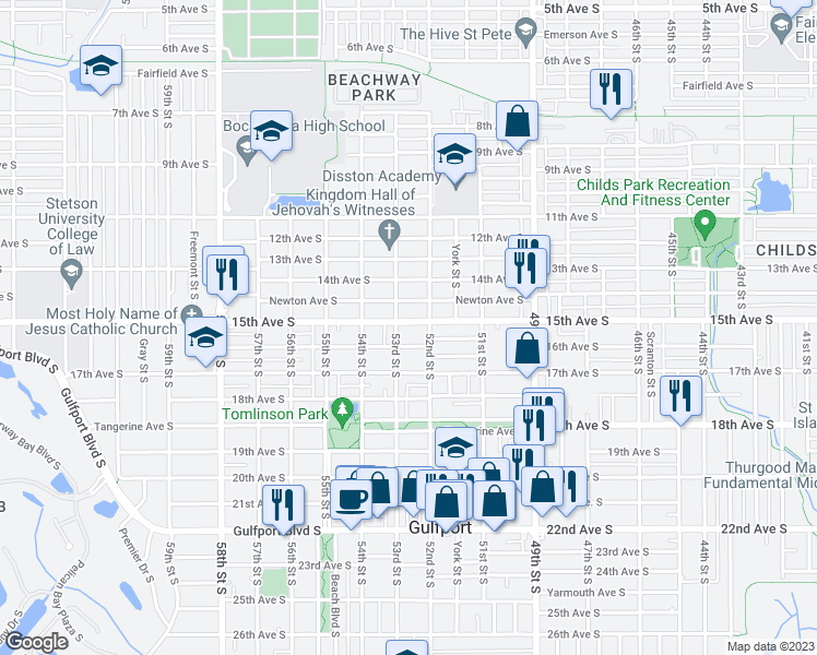 map of restaurants, bars, coffee shops, grocery stores, and more near 5218 15th Avenue South in Gulfport