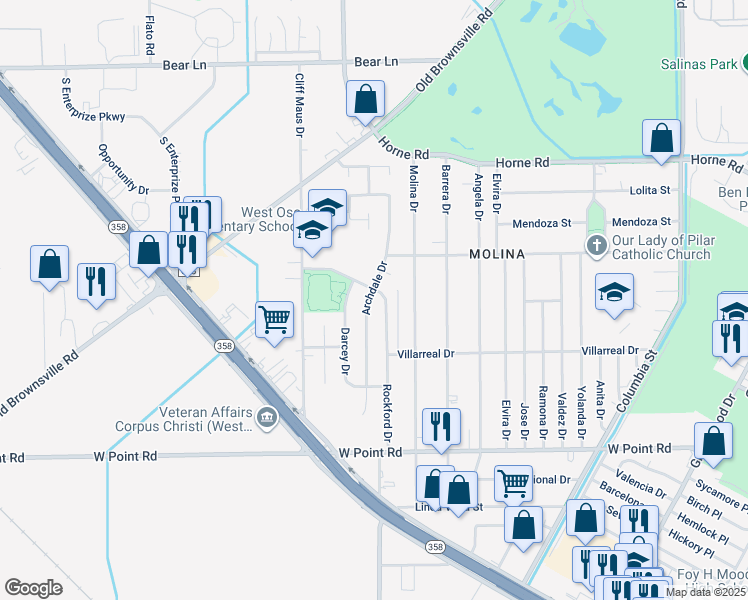 map of restaurants, bars, coffee shops, grocery stores, and more near 1706 Archdale Drive in Corpus Christi