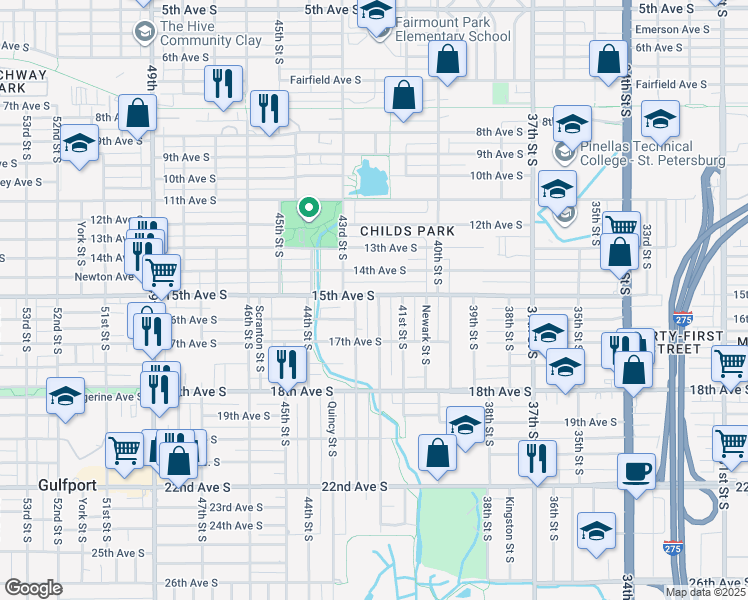 map of restaurants, bars, coffee shops, grocery stores, and more near 4211 15th Avenue South in St. Petersburg