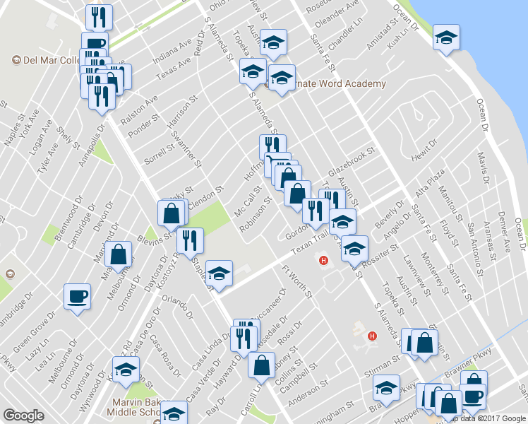 map of restaurants, bars, coffee shops, grocery stores, and more near 601 Robinson Street in Corpus Christi