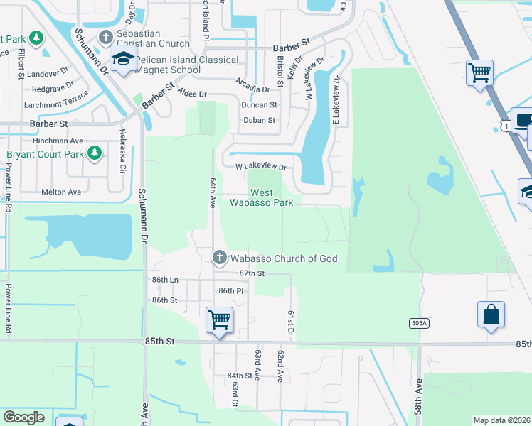 map of restaurants, bars, coffee shops, grocery stores, and more near 8855 62nd Court in Sebastian