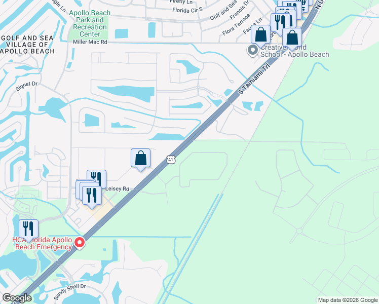 map of restaurants, bars, coffee shops, grocery stores, and more near 204 Mystic Falls Drive in Apollo Beach