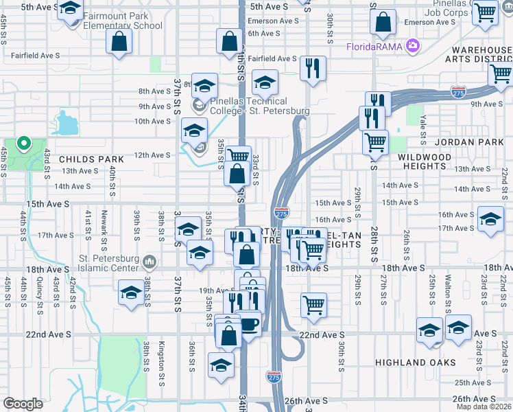 map of restaurants, bars, coffee shops, grocery stores, and more near 3300 15th Avenue South in Saint Petersburg