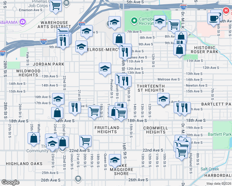 map of restaurants, bars, coffee shops, grocery stores, and more near 1435 Prescott Street South in St. Petersburg